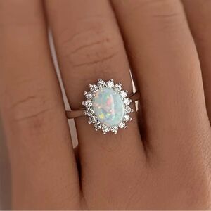 Opal Cubic Zirconia Silver Tone Ring Size 8